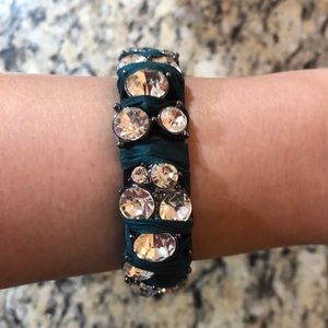 J. CREW Green Ribbon Wrapped Statement Bracelet with Large Rhinestones